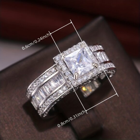 925 sterling silver Women Engagement Rings Classic 4 Prong Inlay Square CZ - Picture 3 of 5